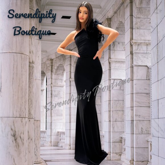 Elegant Black Feather Trim Tapered Fit One Shoulder Floor Length Maxi Dress - Picture 4 of 8